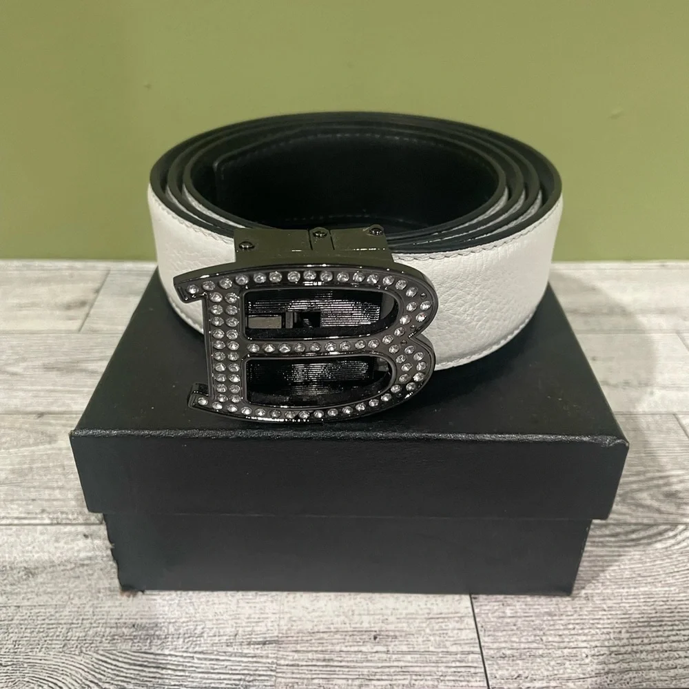 Black and White Belt with Rhinestone Buckle leather one size fit all